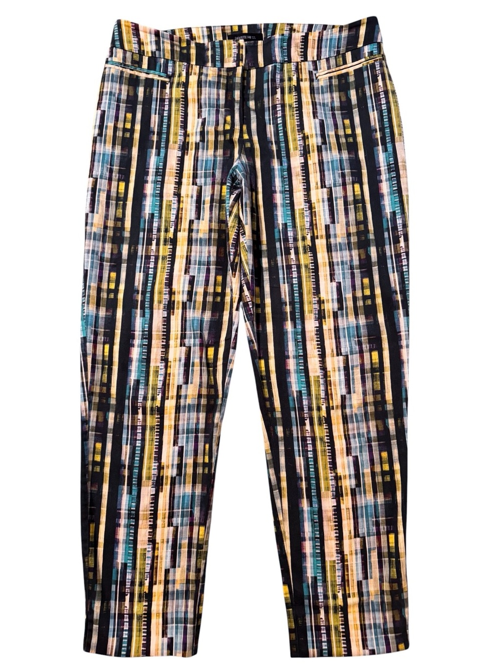 Lafayette 148 Geometric Print Pants Size 10 Blue Yellow 28” Inseam Trousers